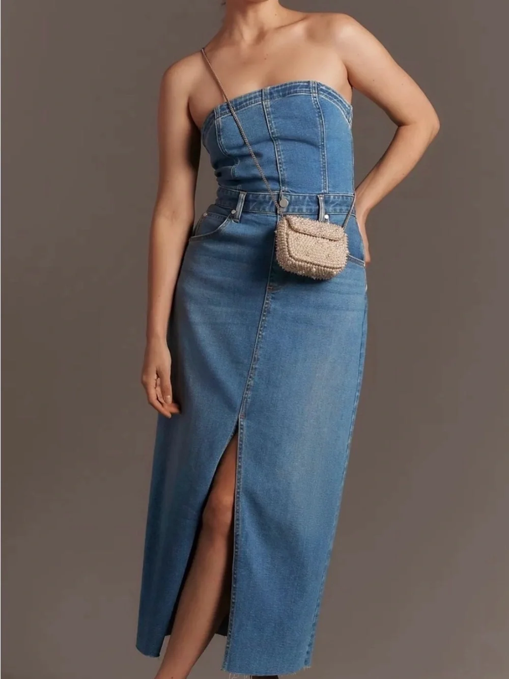 Anthropologie Denim Strapless Madi  dress by Pilcro with Front Slit - Blue